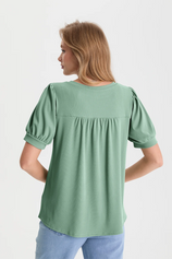 Womens Pea Green Short Puff Sleeve Blouses | CicyBell
