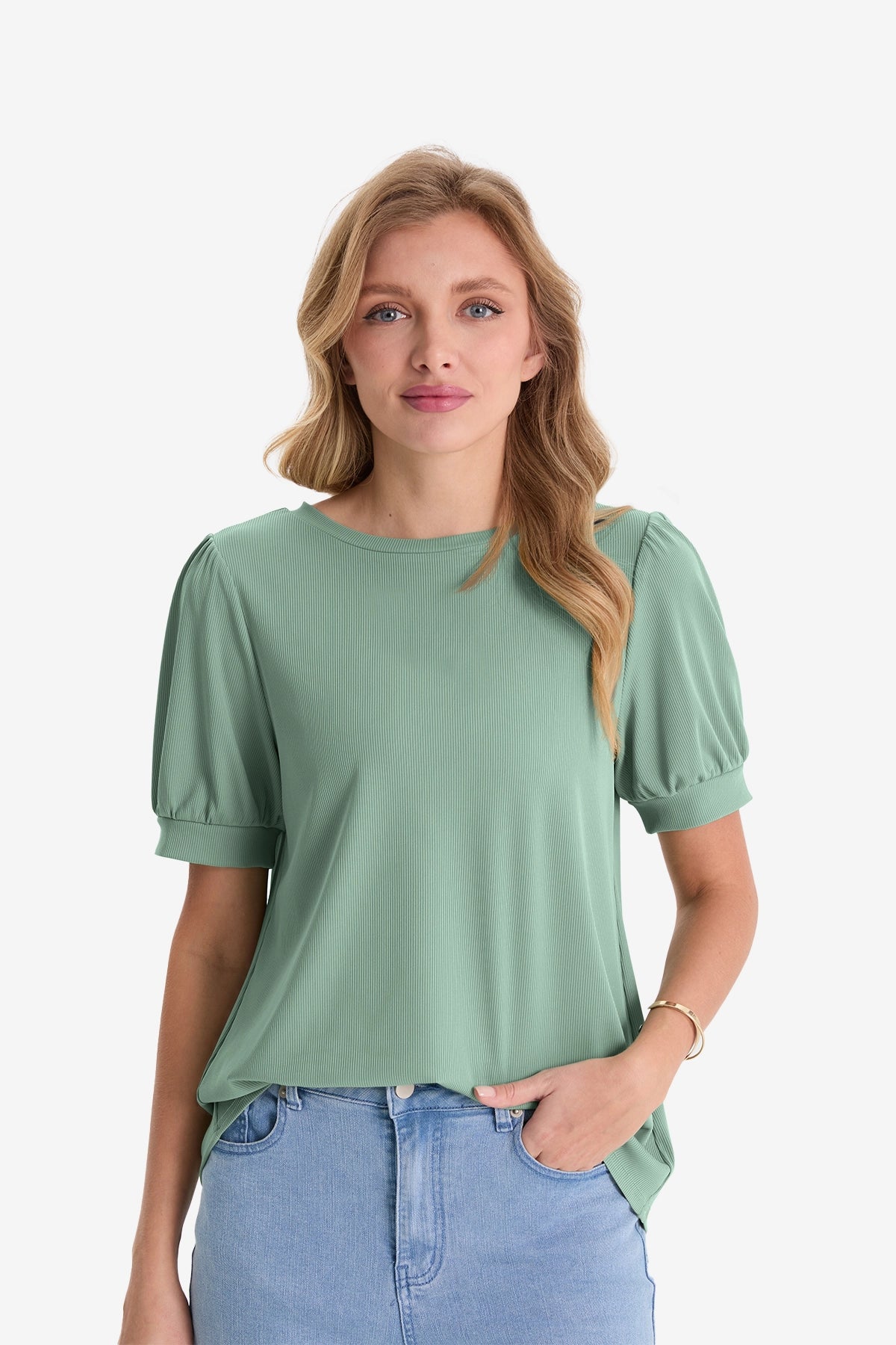 Womens Pea Green Short Puff Sleeve Blouses | CicyBell