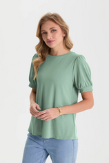 Womens Pea Green Short Puff Sleeve Blouses | CicyBell