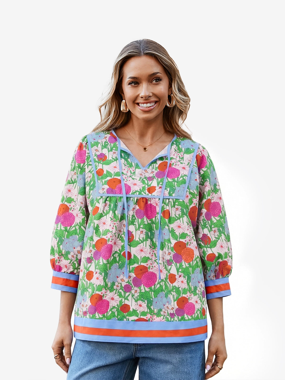 Womens Picture Color Floral Print Babydoll Blouse | CicyBell
