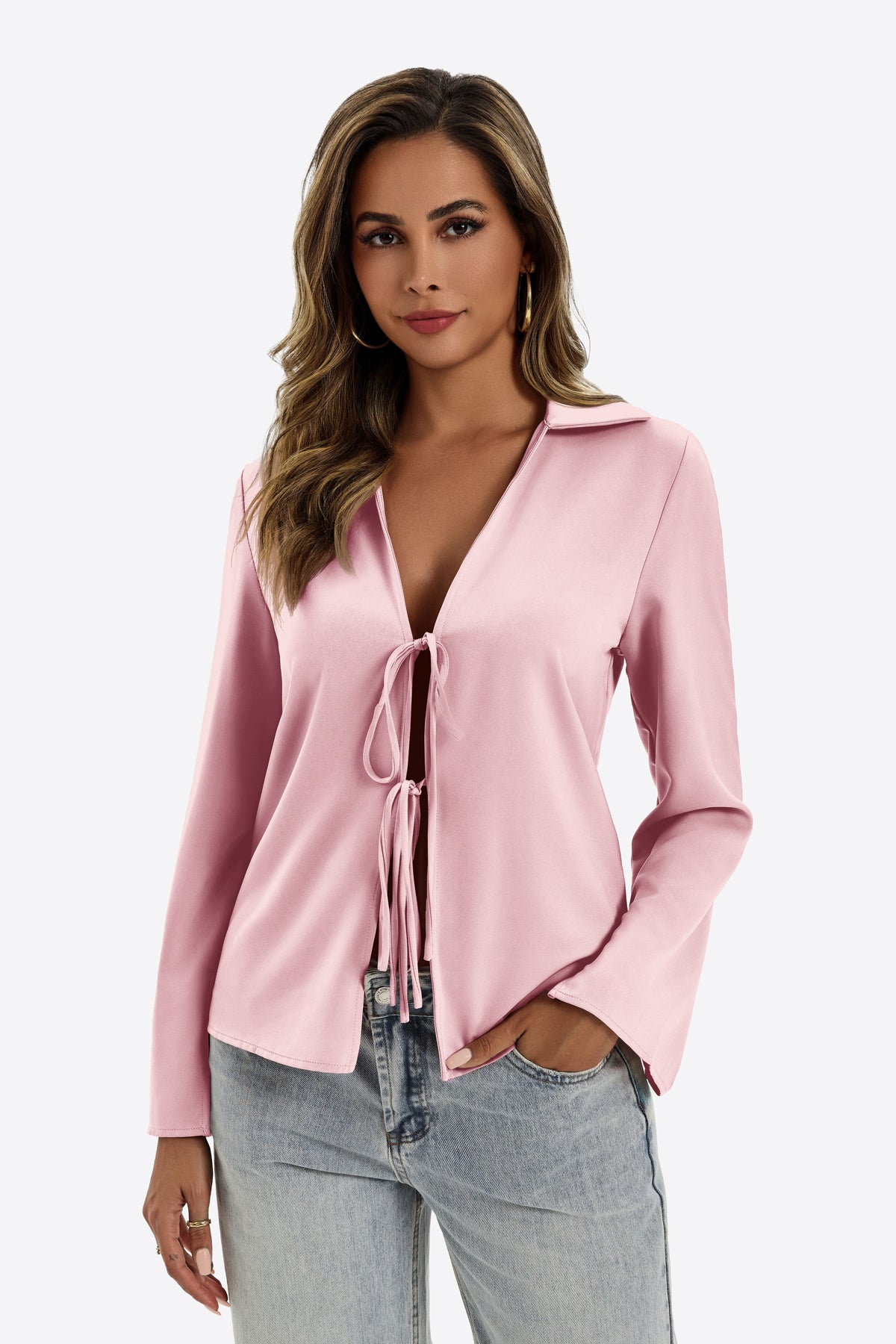 Womens Pink Satin Tie Front Shirts | CicyBell
