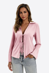 Womens Pink Satin Tie Front Shirts | CicyBell