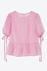 Womens Pink Puff Sleeve Gingham Blouse | CicyBell