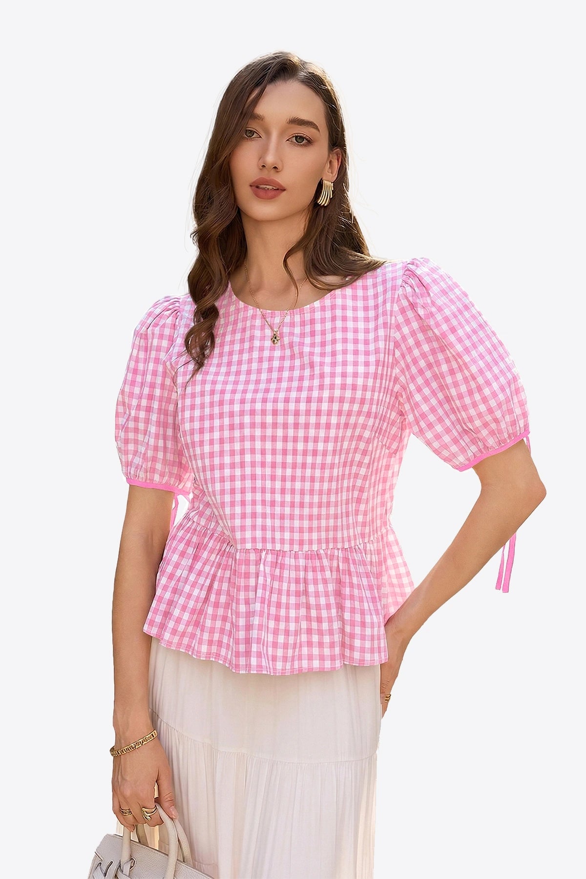 Womens Pink Puff Sleeve Gingham Blouse | CicyBell