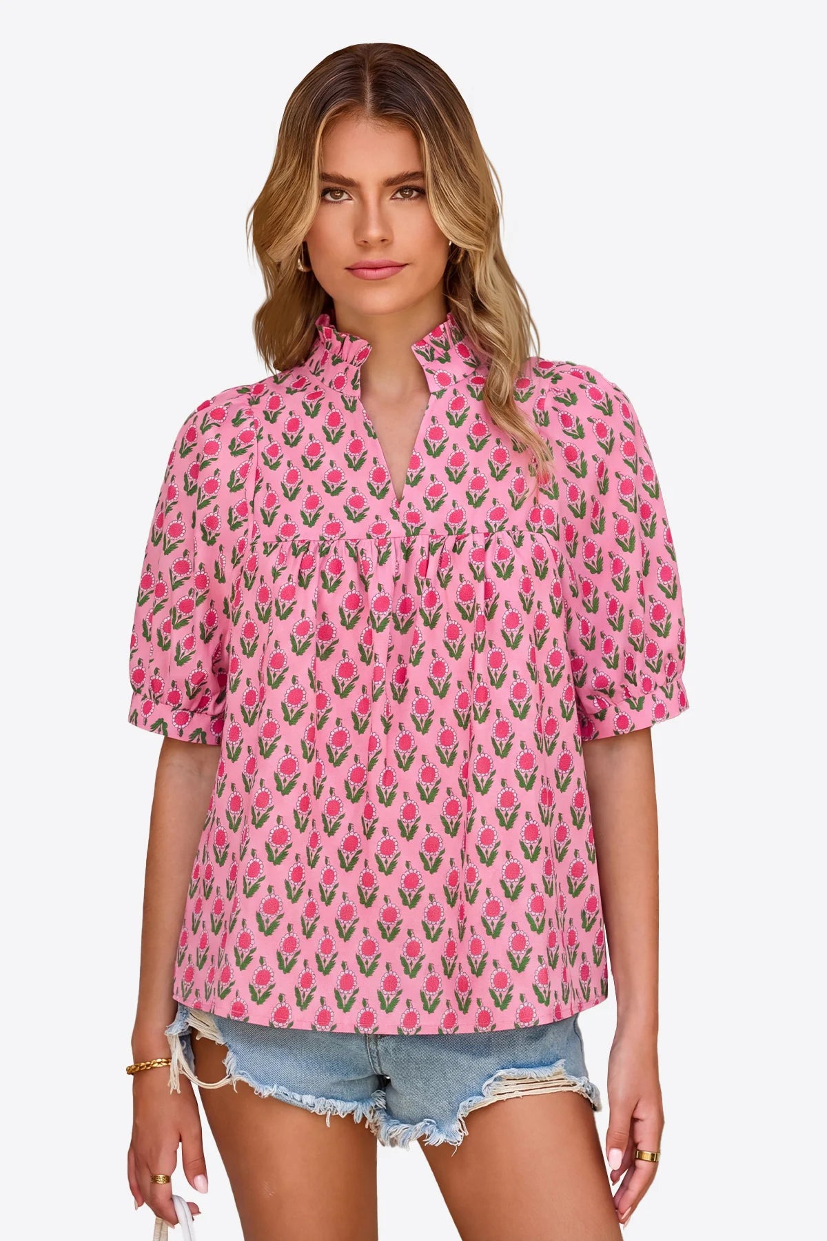 Womens Pink Floral Babydoll Blouse | CicyBell