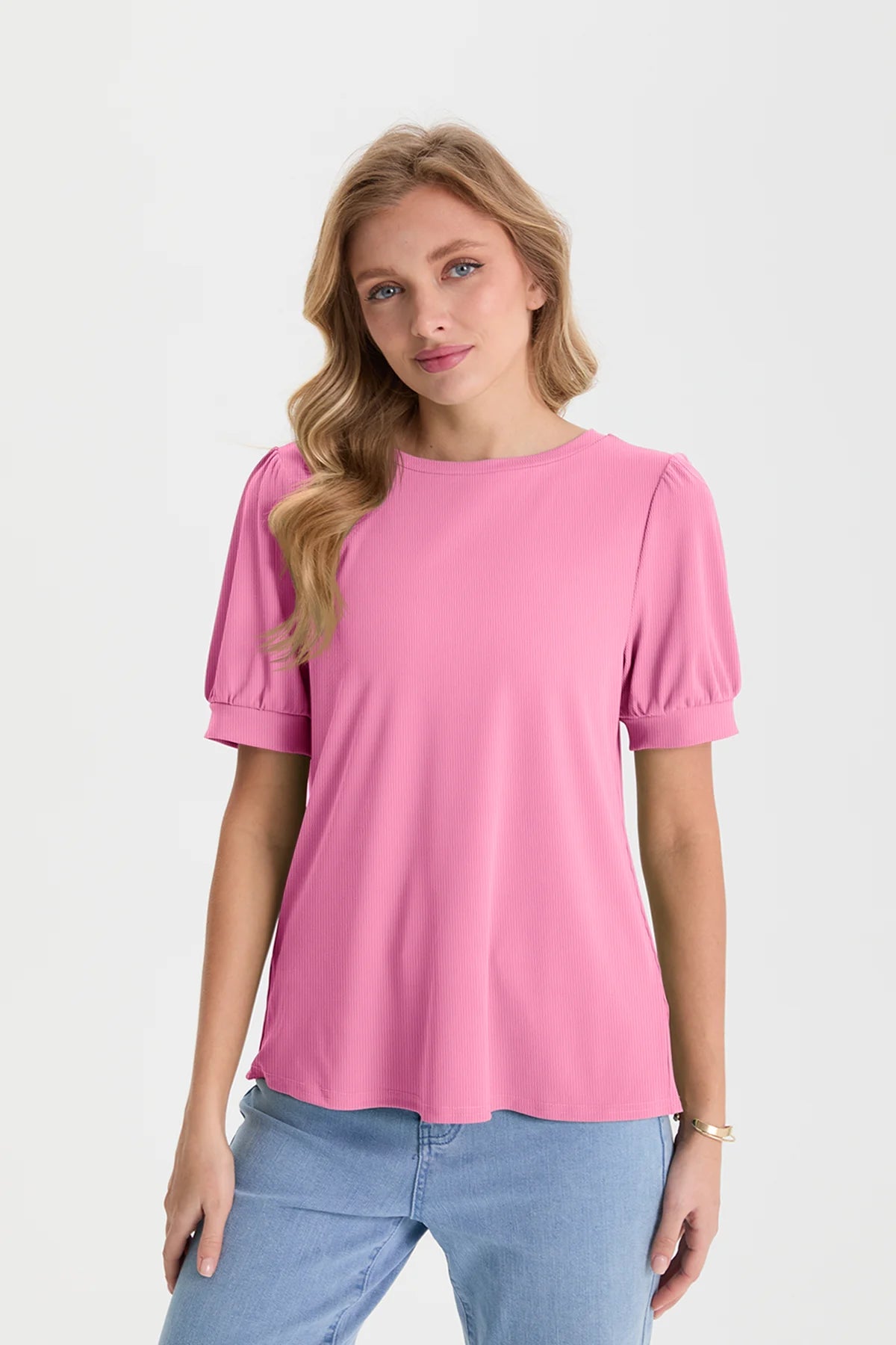 Womens Pink Short Puff Sleeve Blouses | CicyBell