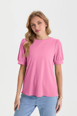 Womens Pink Short Puff Sleeve Blouses | CicyBell