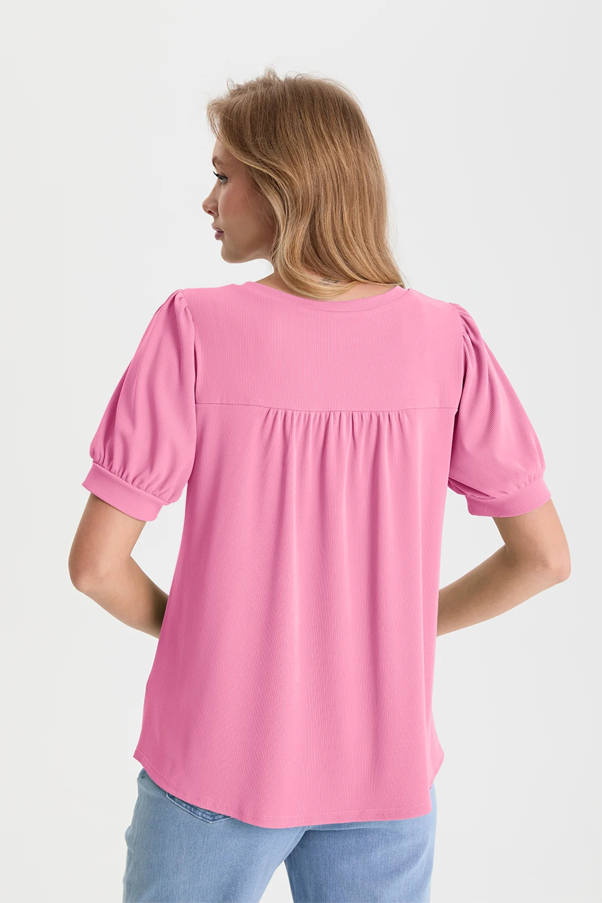 Womens Pink Short Puff Sleeve Blouses | CicyBell