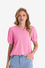 Womens Pink Short Puff Sleeve Blouses | CicyBell