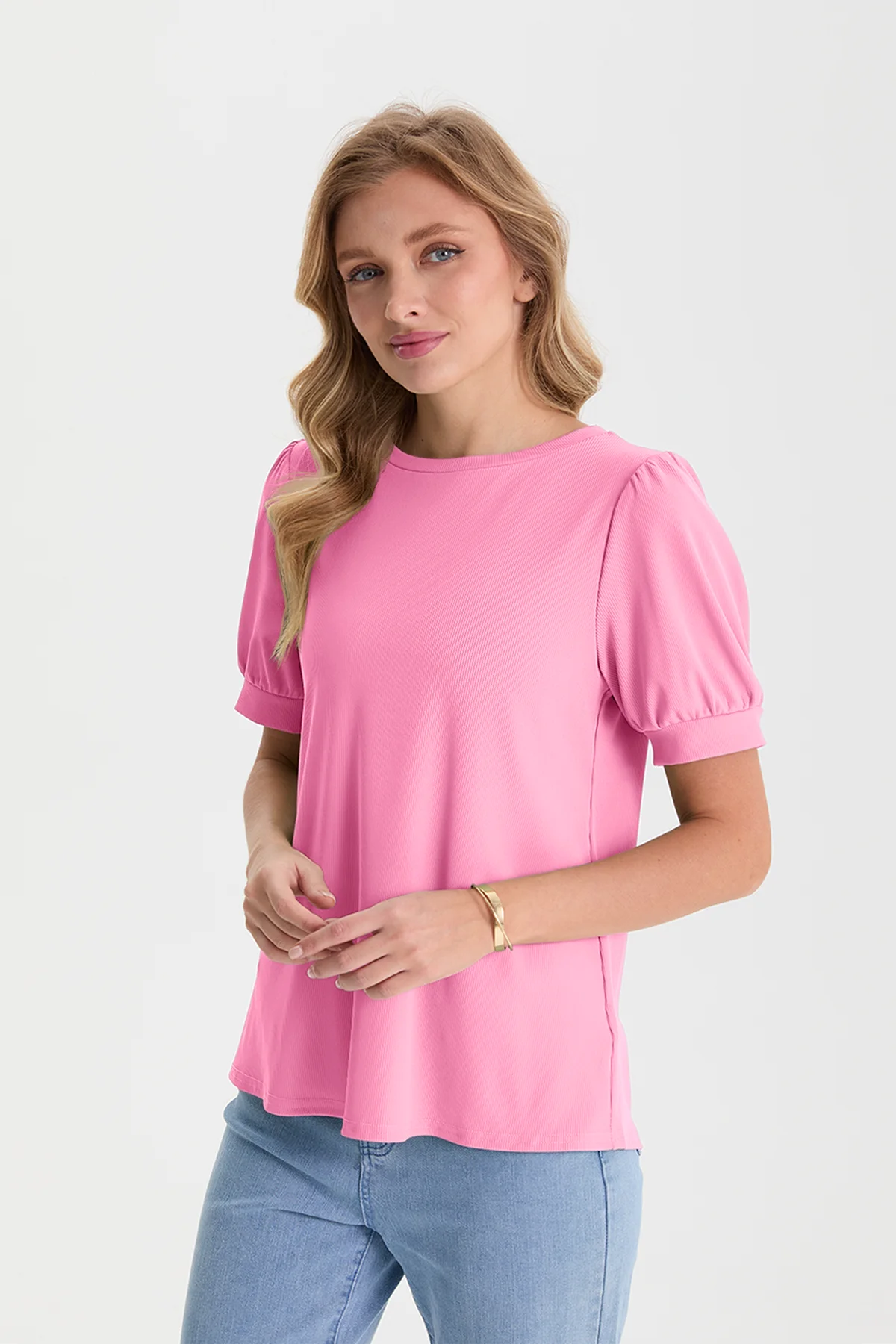 Womens Pink Short Puff Sleeve Blouses | CicyBell