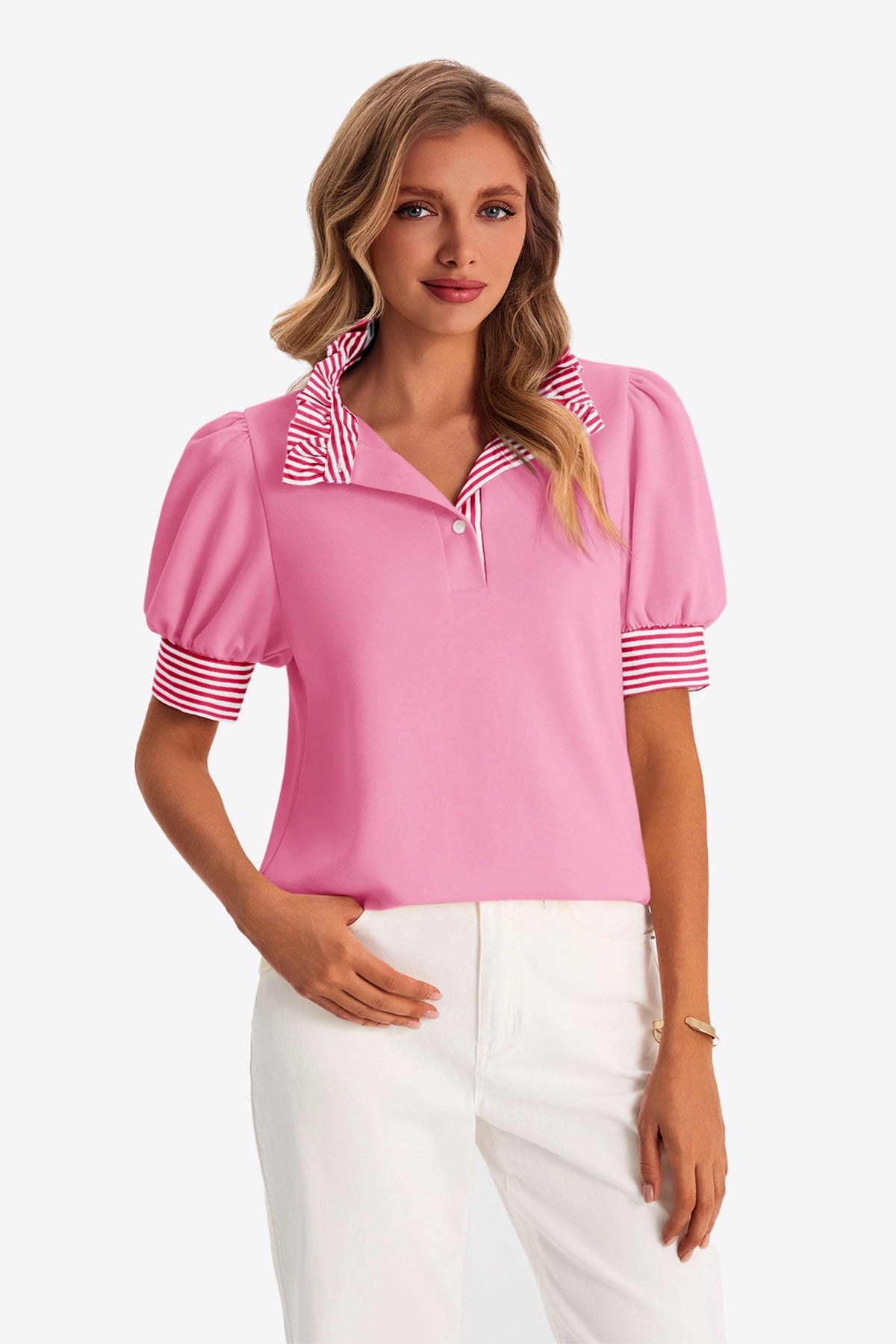 Womens Pink Summer Puff Sleeve Blouses | CicyBell