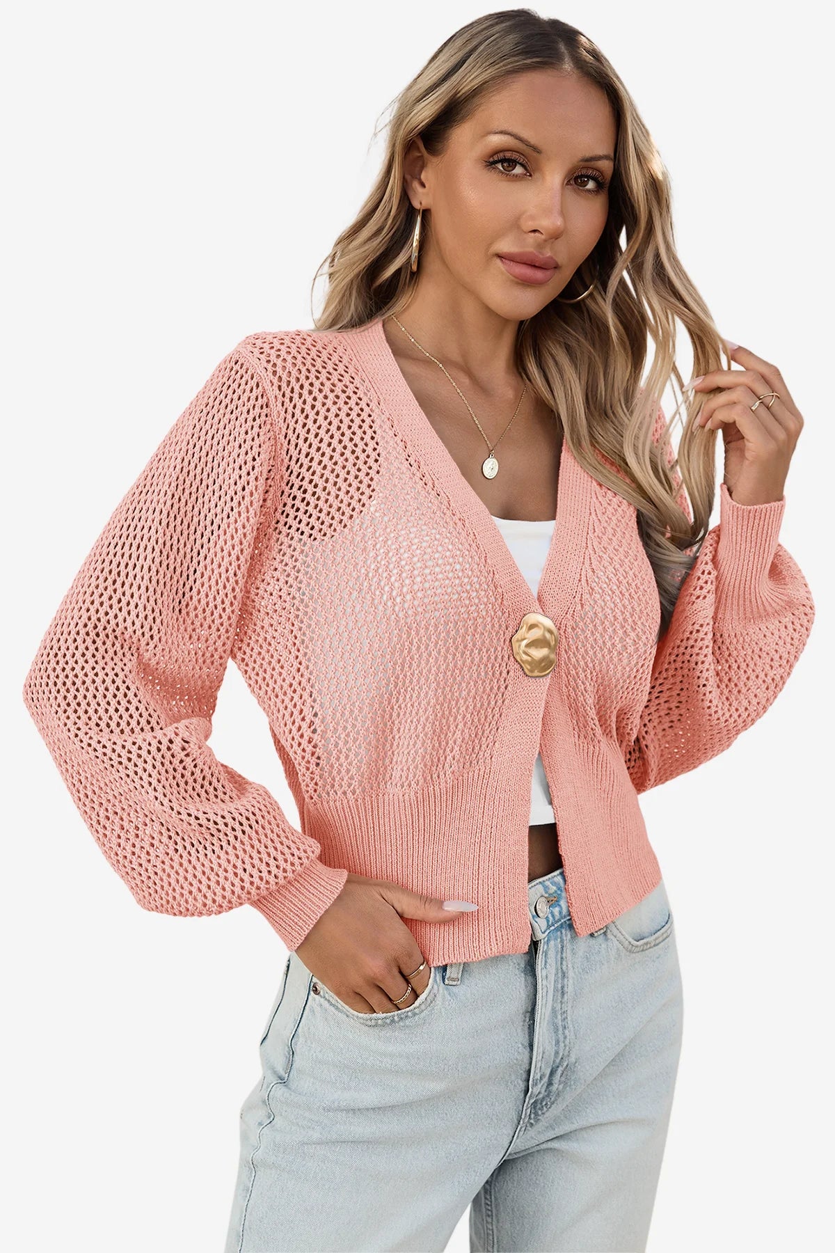 Cicy Bell Womens Pink Cropped Crochet Cardigans