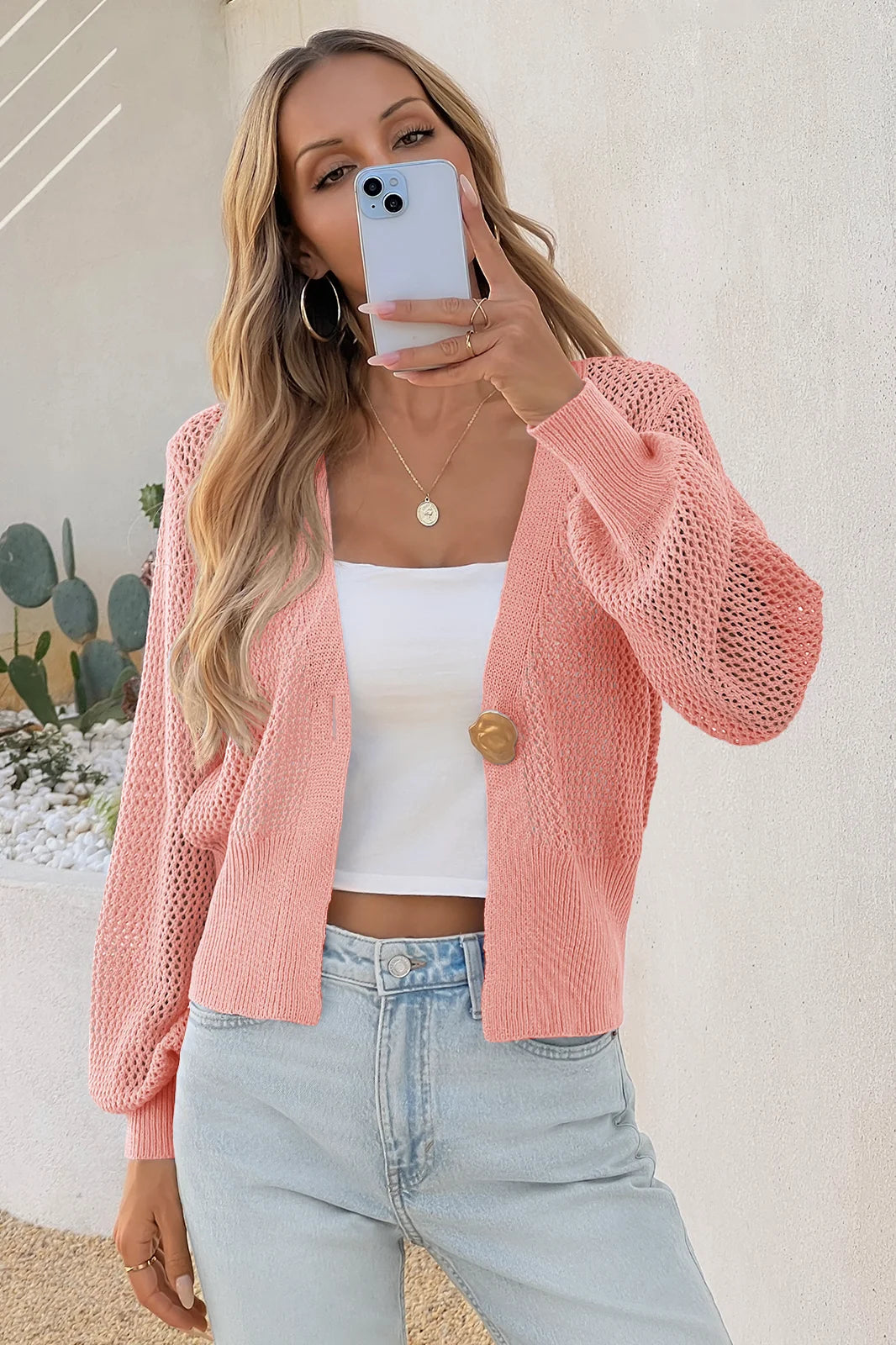 Cicy Bell Womens Pink Cropped Crochet Cardigans