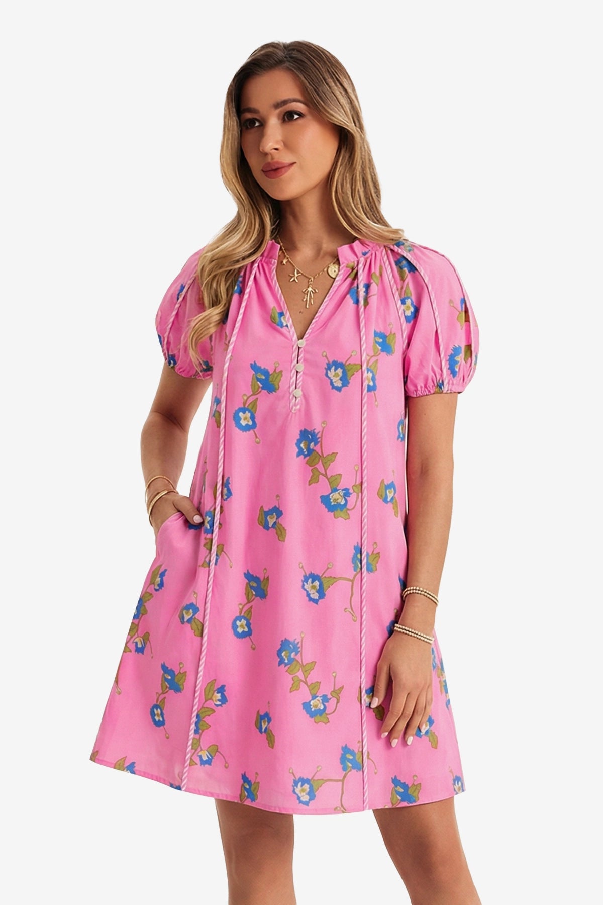 Womens Pink Puff Sleeve Mini Dresses | CicyBell