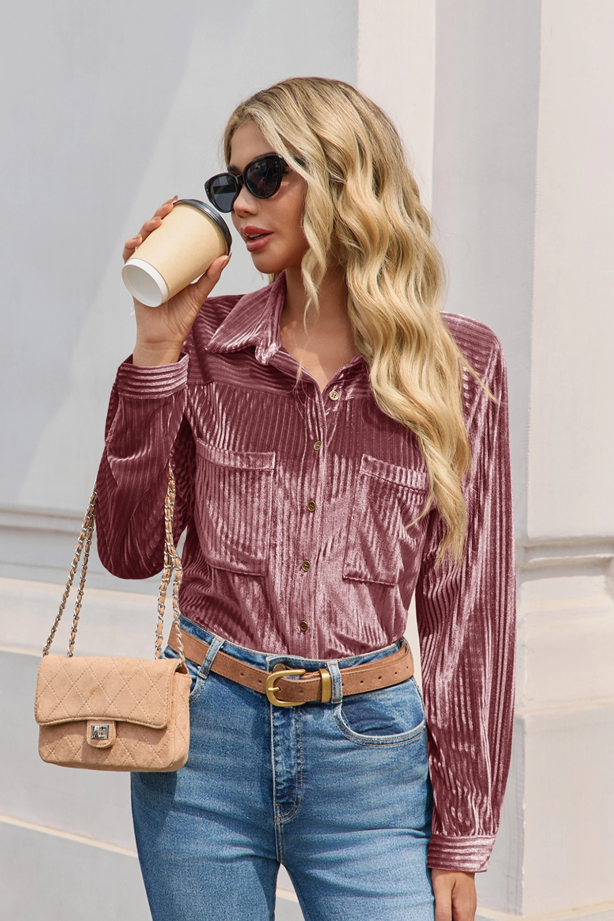 Womens Pink Velvet Button Down Shirt | CicyBell