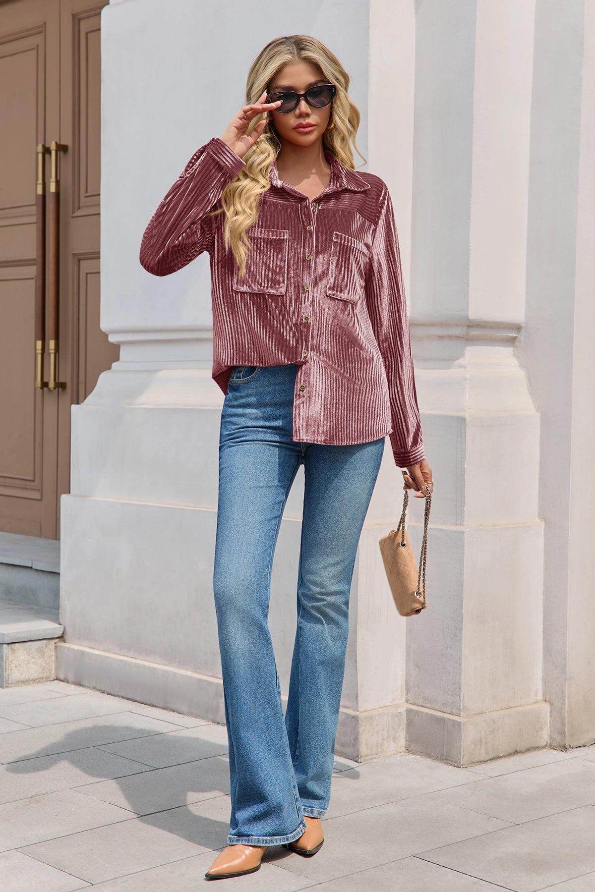 Womens Pink Velvet Button Down Shirt | CicyBell