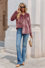 Womens Pink Velvet Button Down Shirt | CicyBell