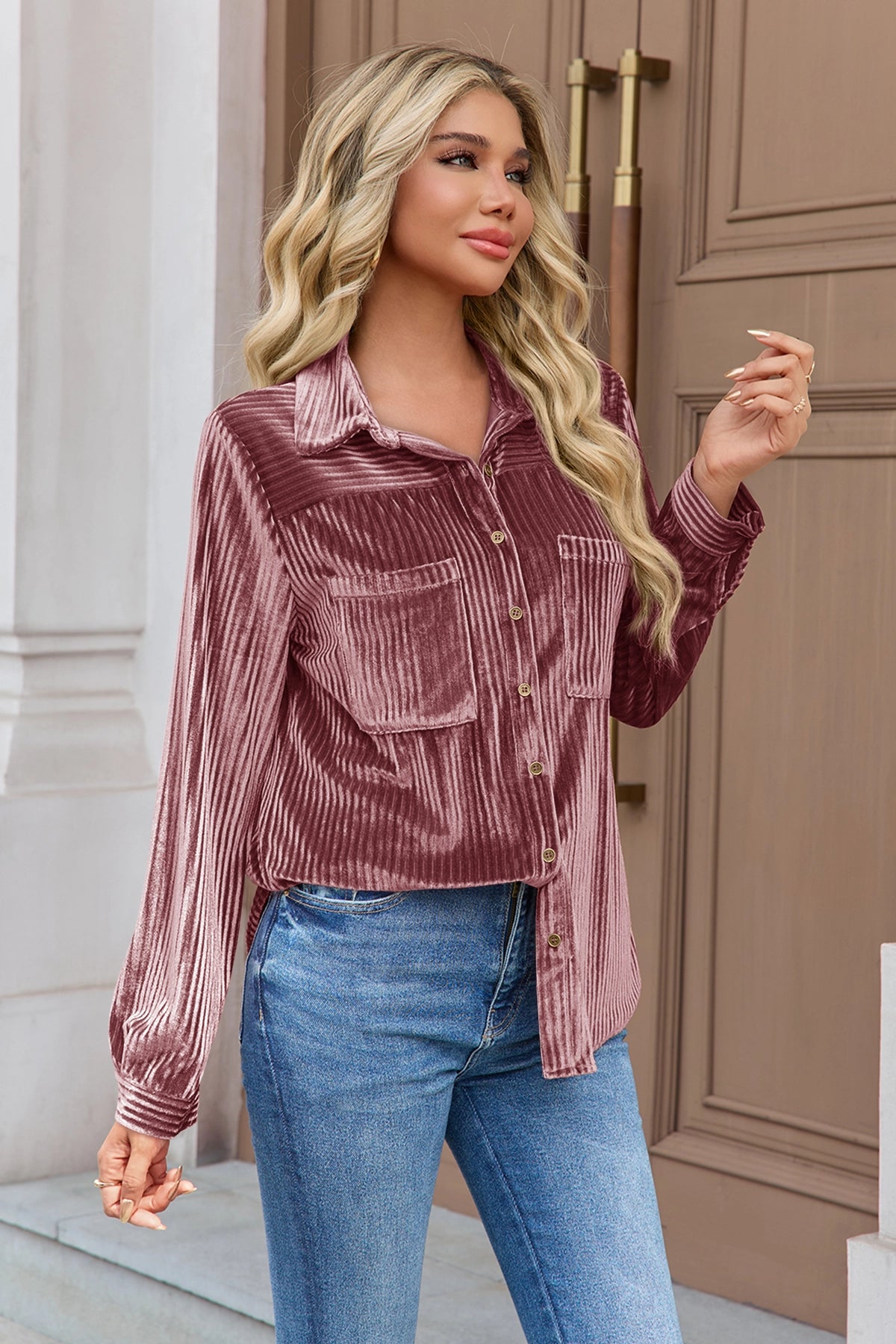 Womens Pink Velvet Button Down Shirt | CicyBell