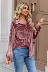Womens Pink Velvet Button Down Shirt | CicyBell