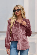 Womens Pink Velvet Button Down Shirt | CicyBell
