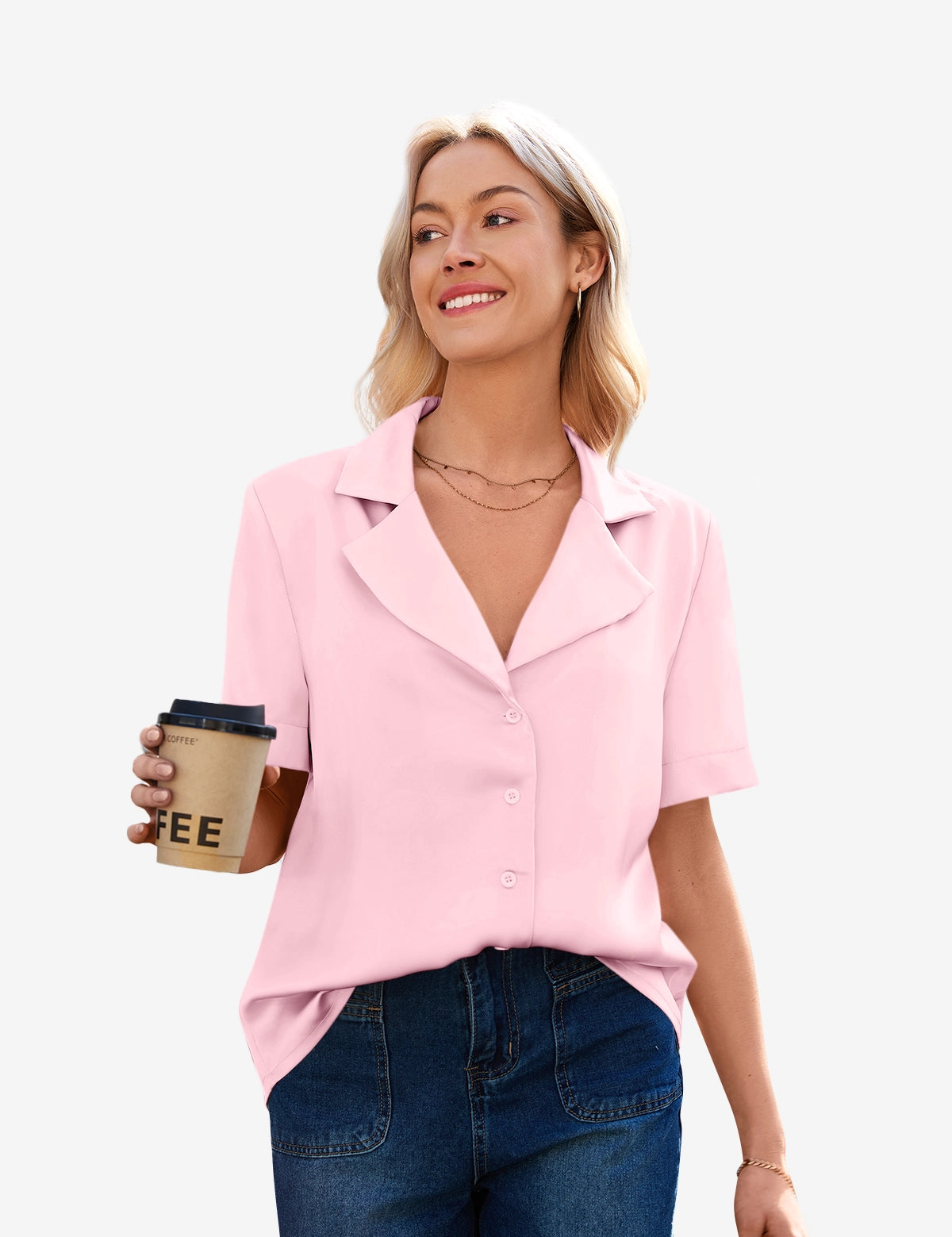 CicyBell Women's Pink Satin Button Down Shirt featuring a silky V-neck and short sleeves. A blonde model styles this loose-fit pink blouse tucked into denim jeans while holding a coffee cup, showcasing a versatile desk-to-dinner professional look.