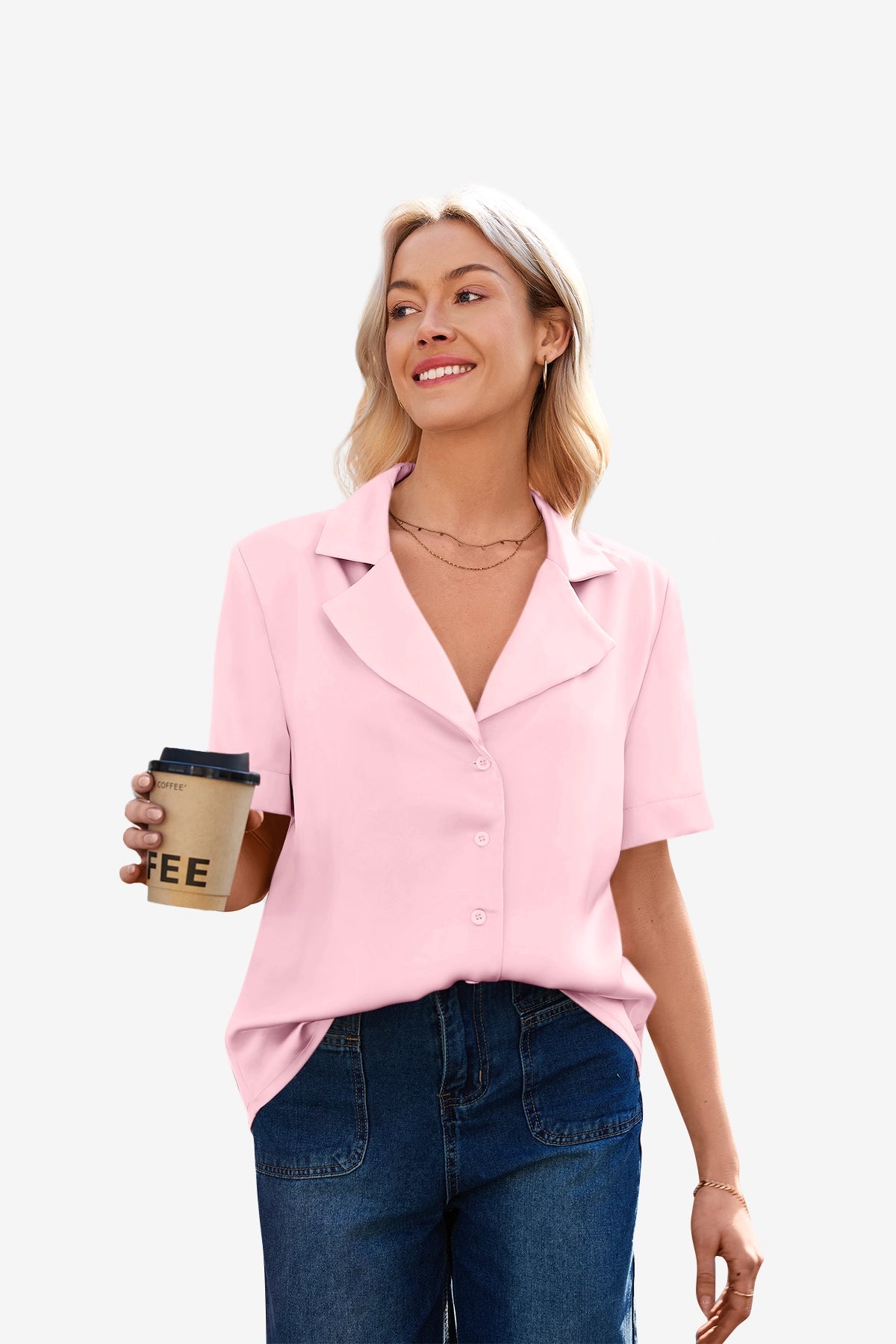 CicyBell Women's Pink Satin Button Down Shirt featuring a silky V-neck and short sleeves. A blonde model styles this loose-fit pink blouse tucked into denim jeans while holding a coffee cup, showcasing a versatile desk-to-dinner professional look.
