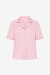 CicyBell Womens Pink Satin Button Down Shirt, front view on white background. Featuring a silky-smooth satin finish, classic turn-down collar, chic V-neck, and functional button closure for a professional look.