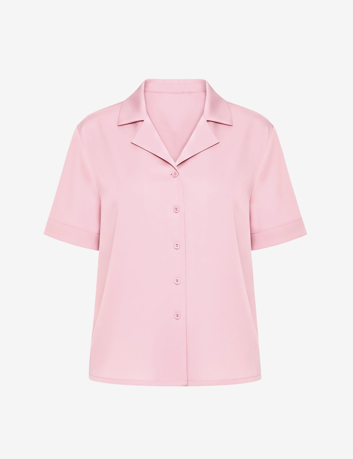 CicyBell Womens Pink Satin Button Down Shirt, front view on white background. Featuring a silky-smooth satin finish, classic turn-down collar, chic V-neck, and functional button closure for a professional look.
