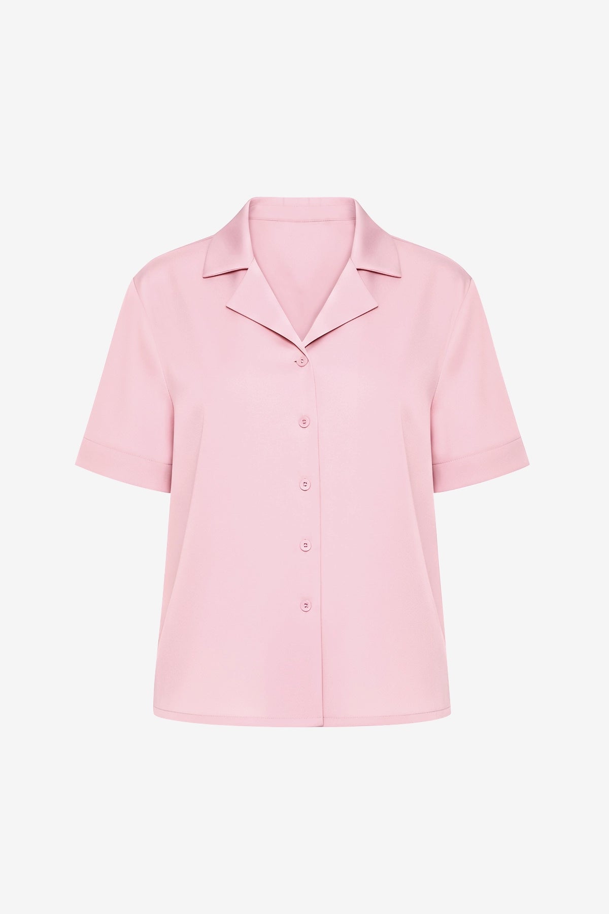 CicyBell Womens Pink Satin Button Down Shirt, front view on white background. Featuring a silky-smooth satin finish, classic turn-down collar, chic V-neck, and functional button closure for a professional look.