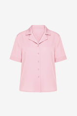 CicyBell Womens Pink Satin Button Down Shirt, front view on white background. Featuring a silky-smooth satin finish, classic turn-down collar, chic V-neck, and functional button closure for a professional look.