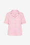 CicyBell Womens Pink Satin Button Down Shirt, front view on white background. Featuring a silky-smooth satin finish, classic turn-down collar, chic V-neck, and functional button closure for a professional look.