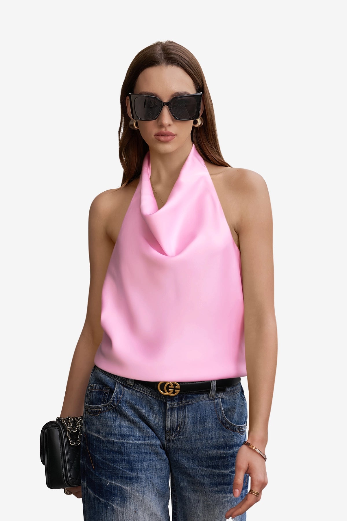 Women Pink Summer Satin Halter Tank Tops | CicyBell