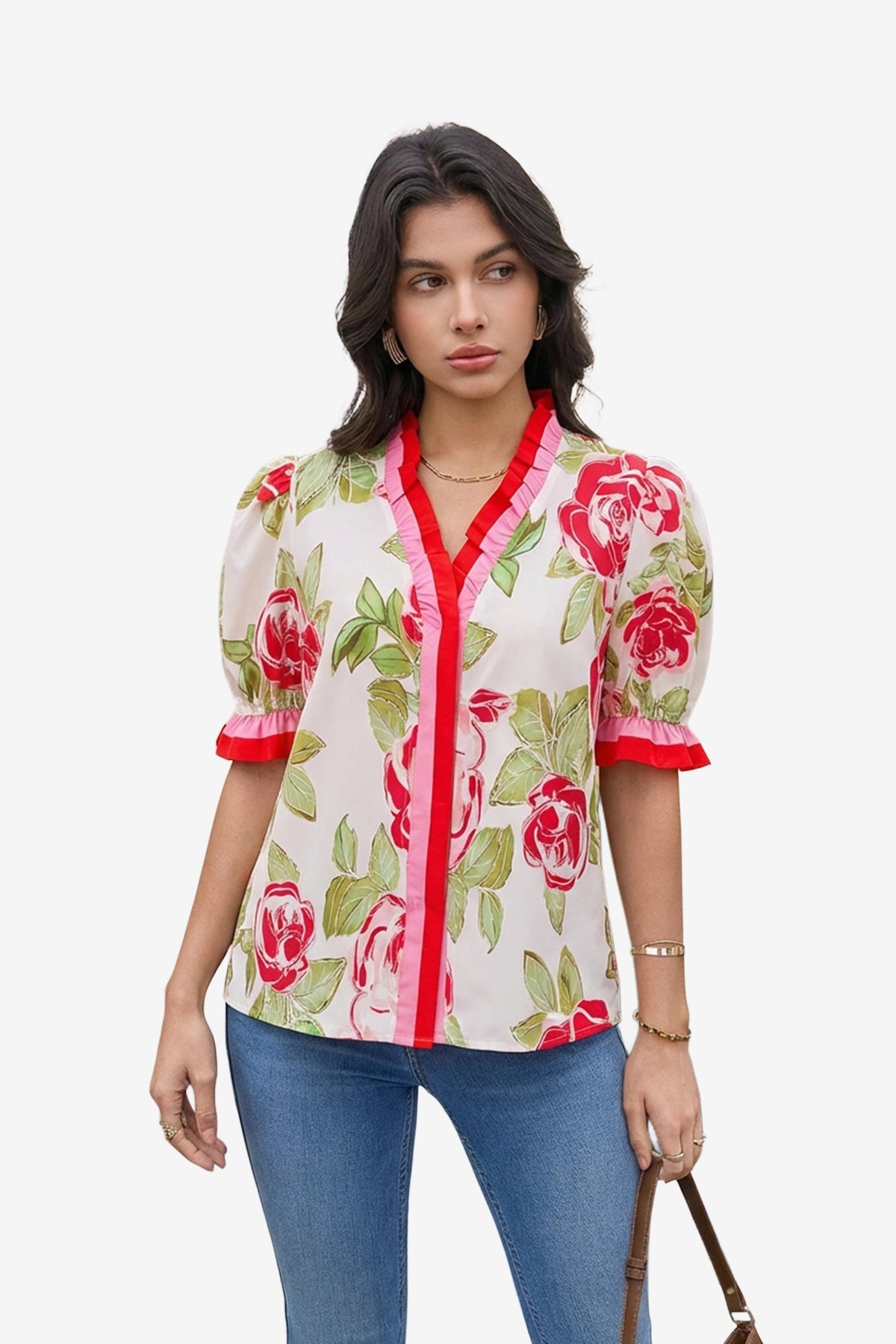 Womens Pink Floral Puff Short Sleeve Tops  | CicyBell