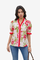 Womens Pink Floral Puff Short Sleeve Tops  | CicyBell