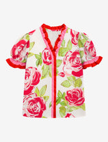 Womens Pink Floral Puff Short Sleeve Tops  | CicyBell