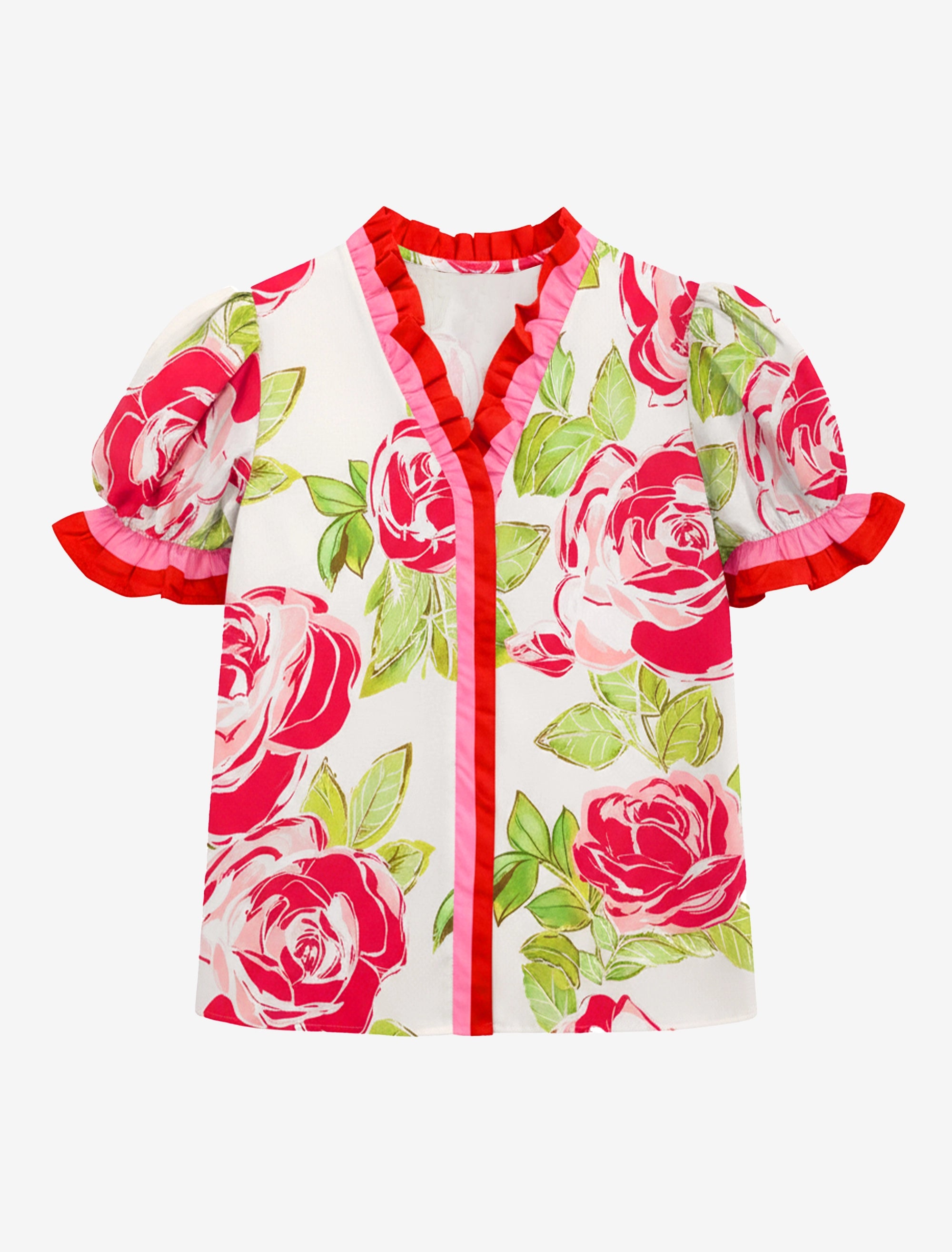 Womens Pink Floral Puff Short Sleeve Tops  | CicyBell