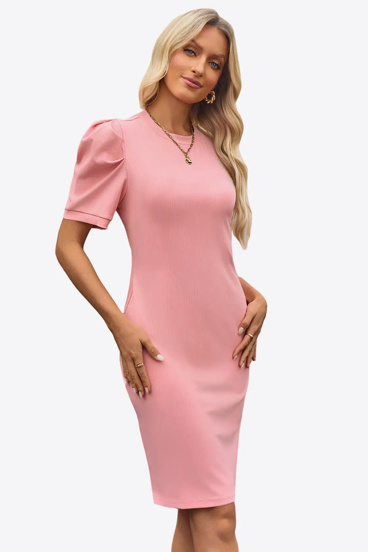 Cicy Bell Womens Pink Puff Sleeve Bodycon Work Dresses
