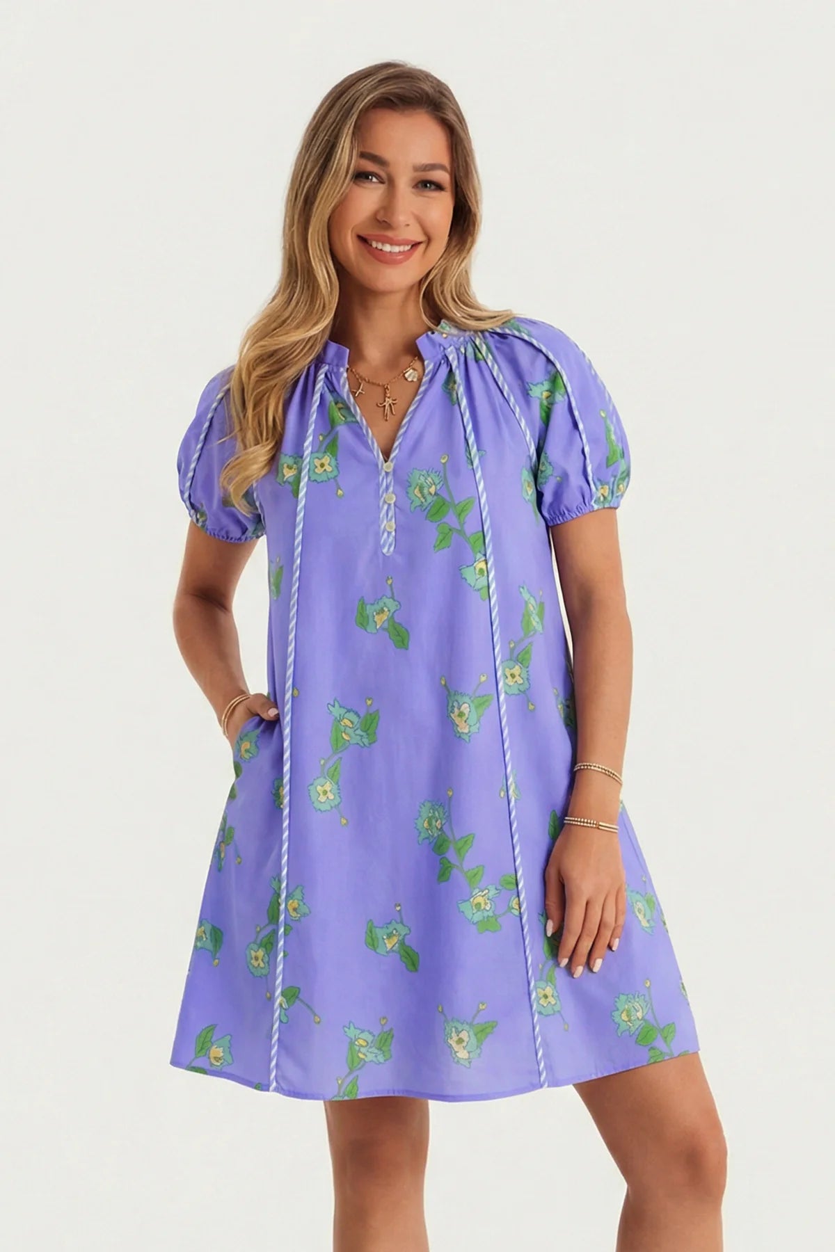 Womens Purple Puff Sleeve Mini Dresses | CicyBell