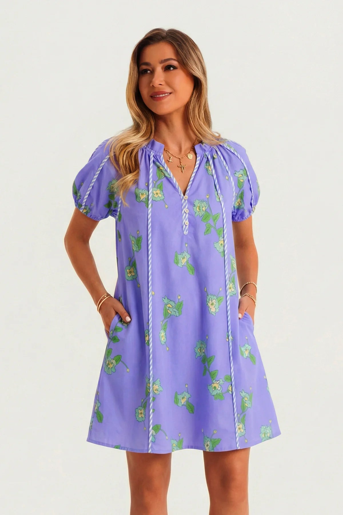 Womens Purple Puff Sleeve Mini Dresses | CicyBell