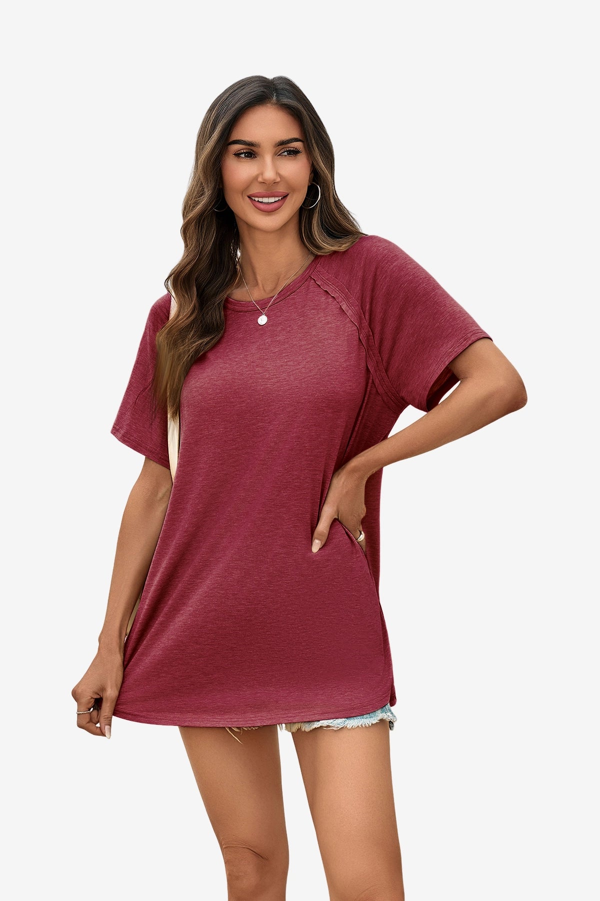 Wrinkle-Free Wine Red Dolman Tee Stretch Side Slit | CicyBell
