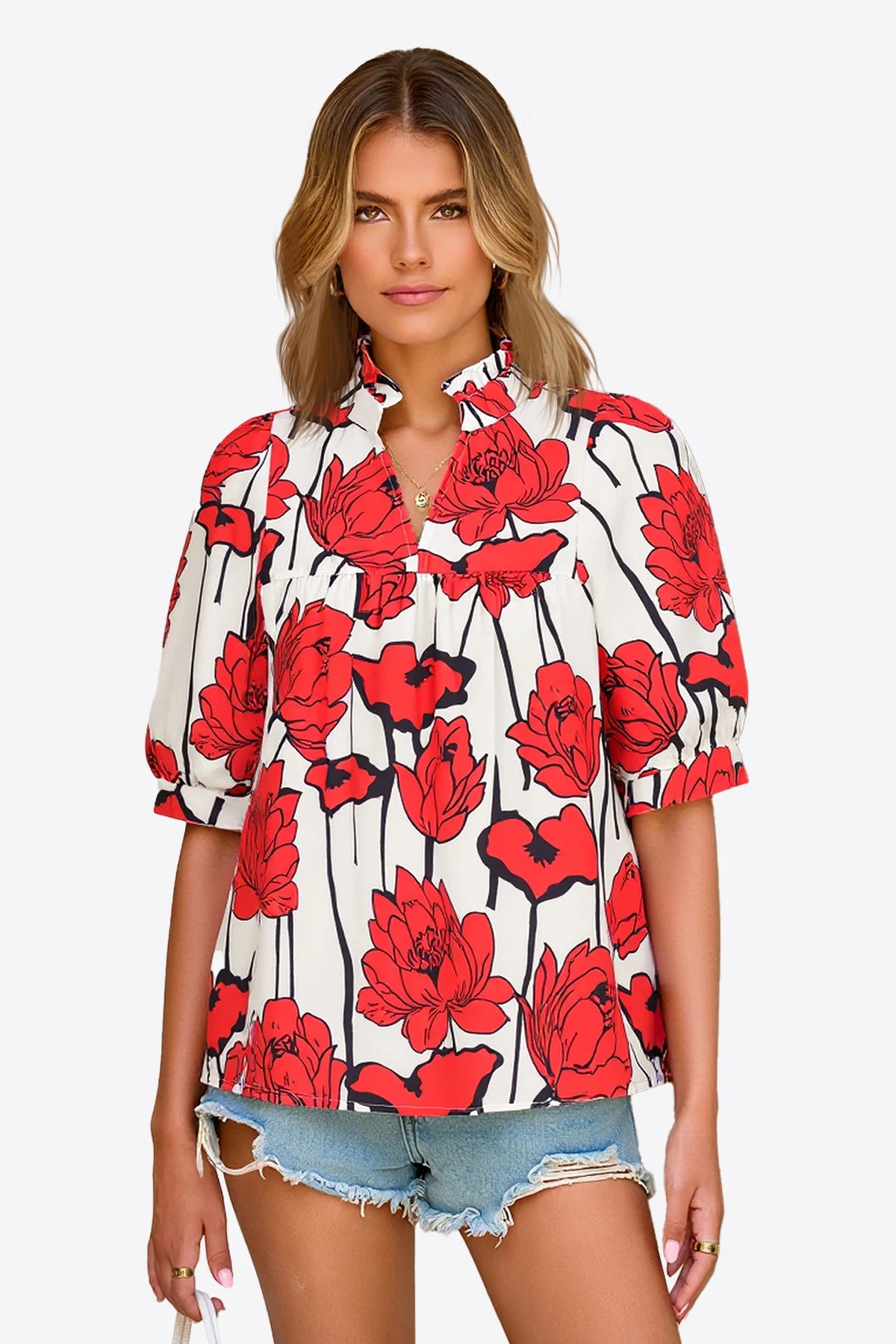 Womens Red Floral Babydoll Blouse | CicyBell