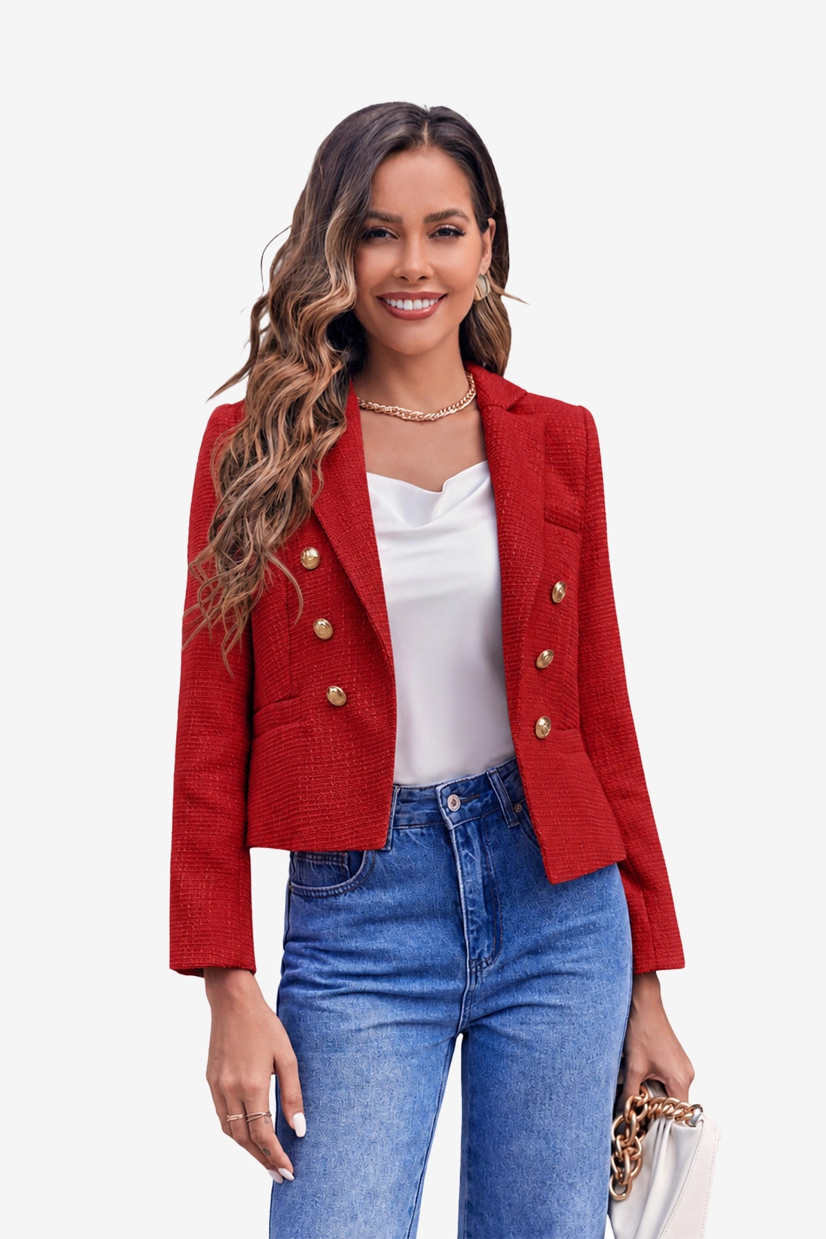 Tailored Red Tweed Cropped Blazer Structured Fit | CicyBell
