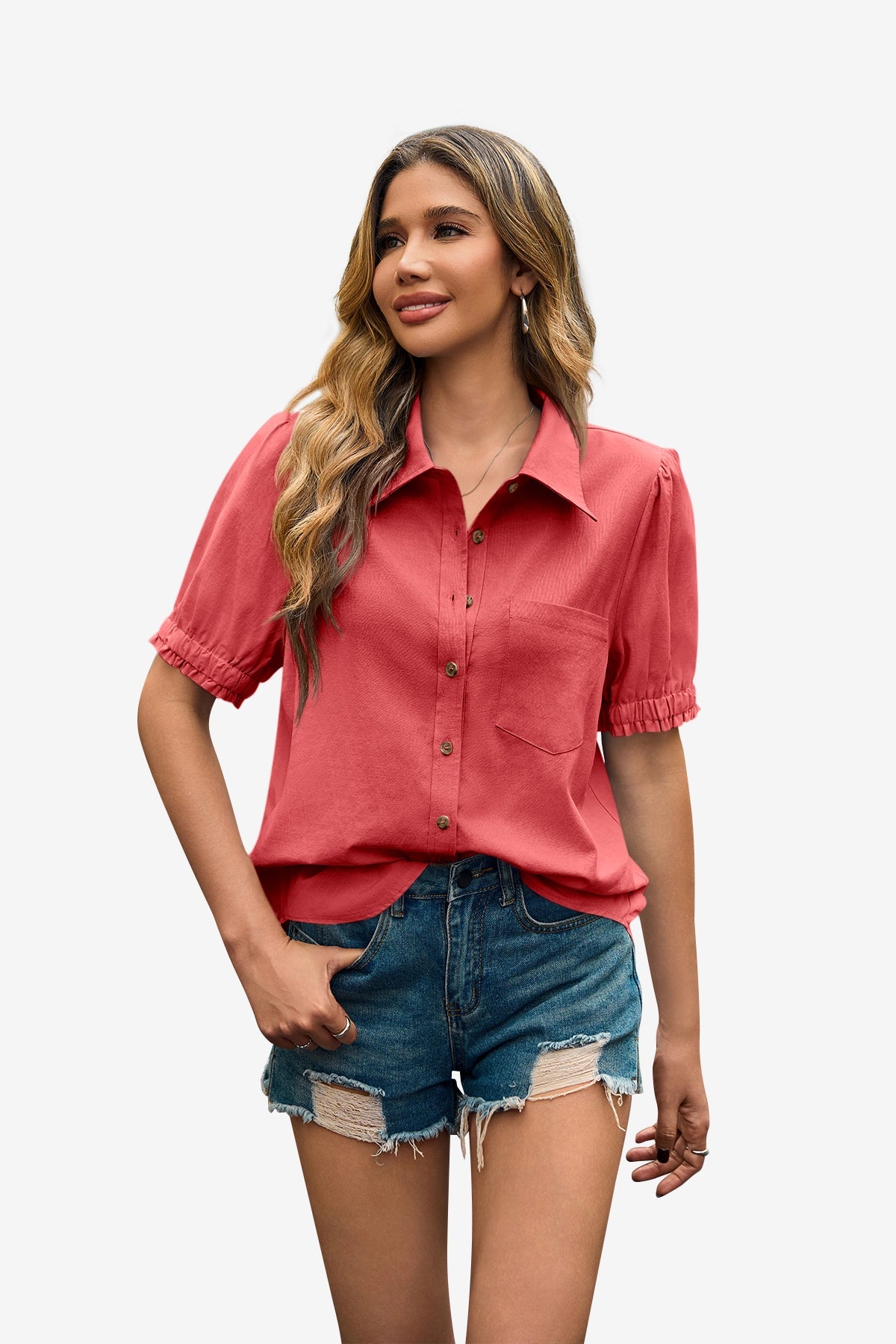 Womens Red Puff Short Sleeve Shirts | CicyBell