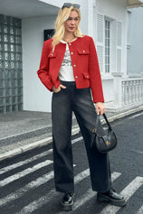 Cicy Bell Womens Red Cropped Tweed Blazer Jackets