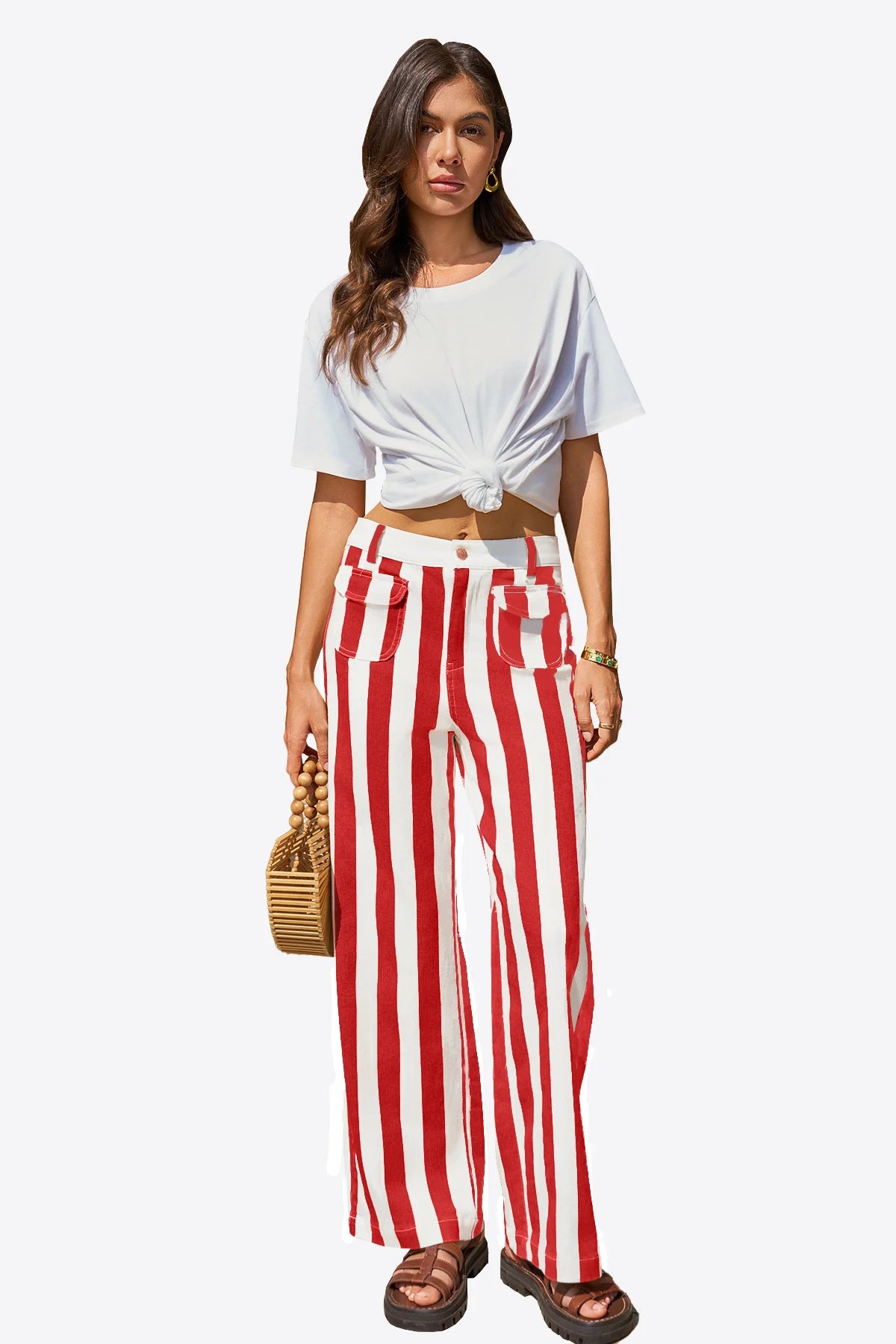 Womens Red Striped Wide Leg Jeans | CicyBell
