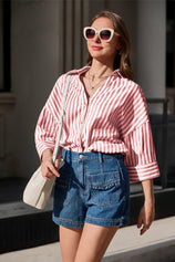 Womens Red 3/4 Bell Sleeve Button Down Shirts | CicyBell