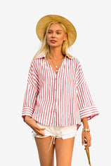 Womens Red 3/4 Bell Sleeve Button Down Shirts | CicyBell
