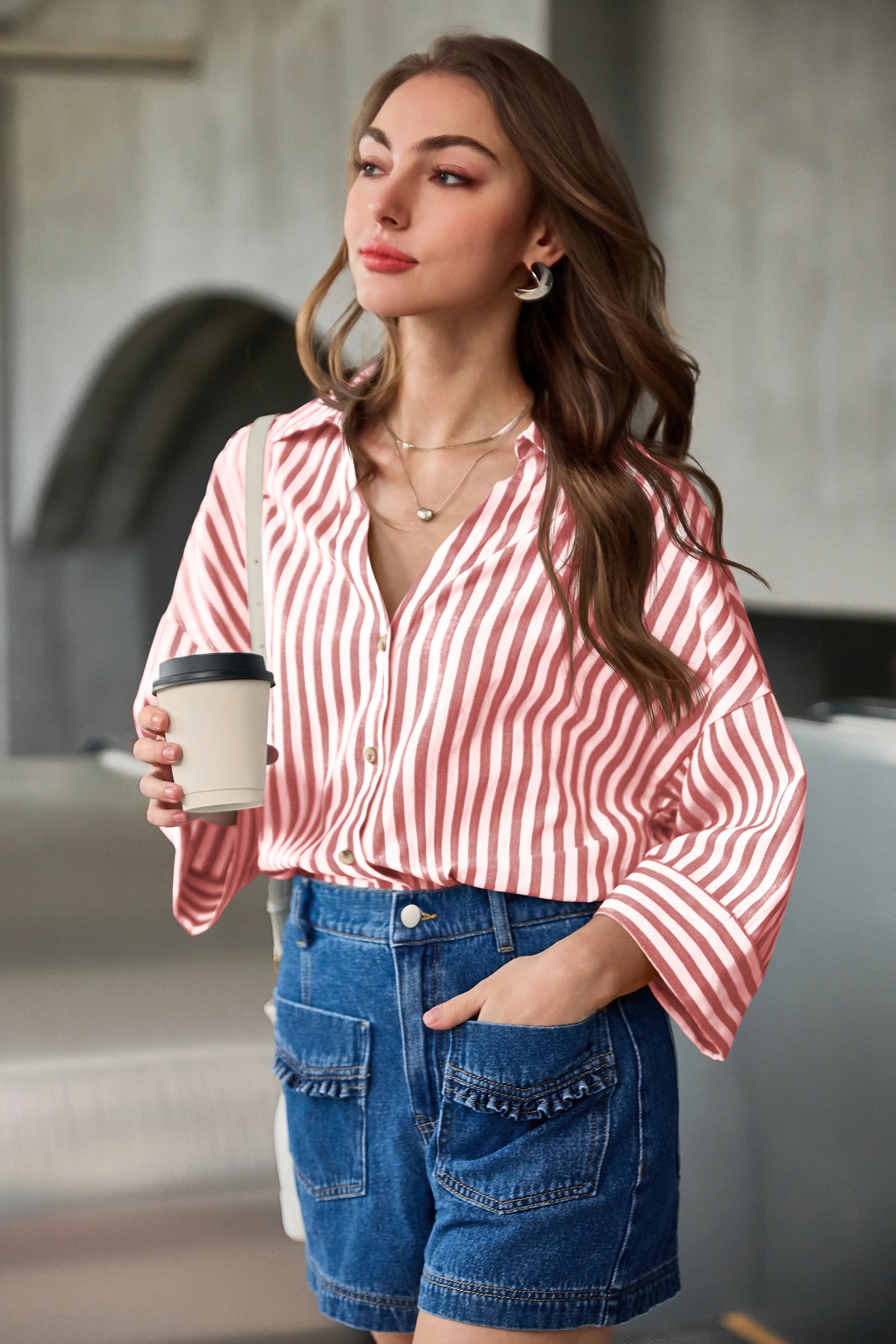 Womens Red 3/4 Bell Sleeve Button Down Shirts | CicyBell