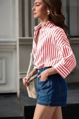 Womens Red 3/4 Bell Sleeve Button Down Shirts | CicyBell