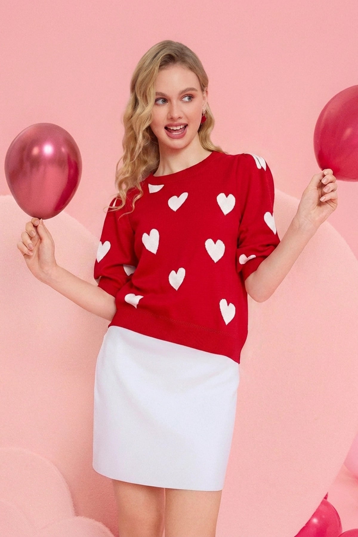 Womens Red 3/4 Puff Sleeve Sweater | CicyBell